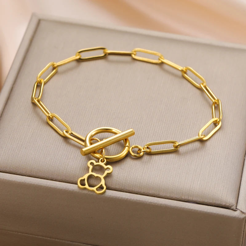 Cute Love Bear Pendant Women's Bracelet with Heart Charm - Stainless Steel Jewelry for Valentine's Day