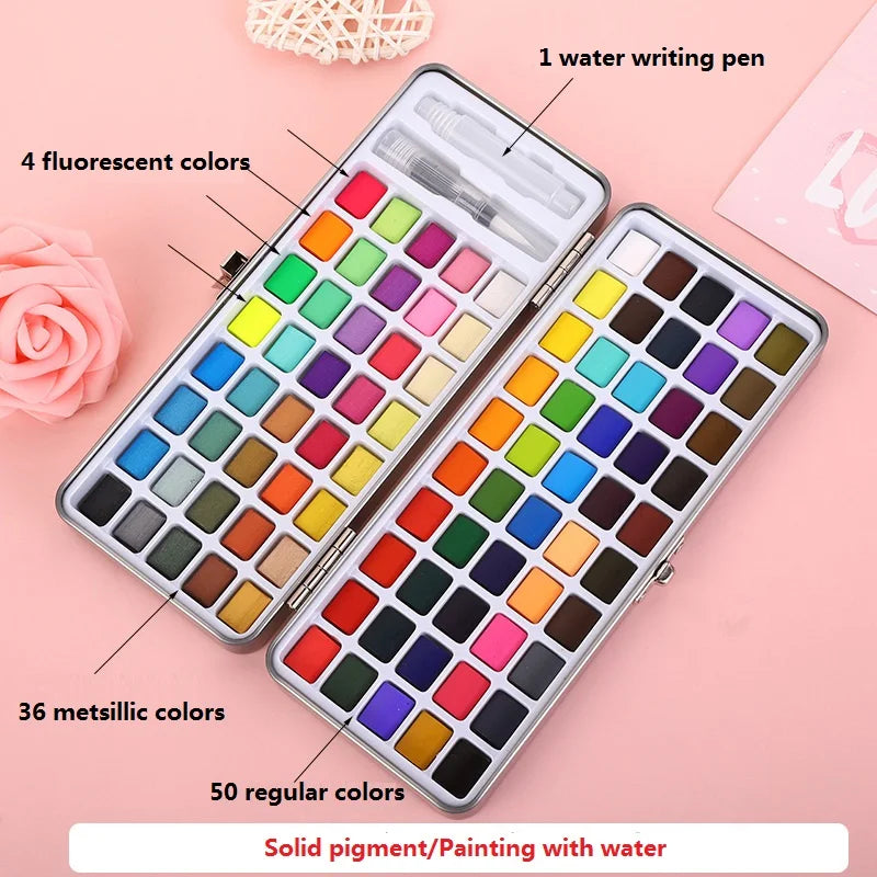 Watercolor Paint Set with Brush & Water Pen - 50/72/90/100 Colors Art Kit for DIY Painting & Nail Art