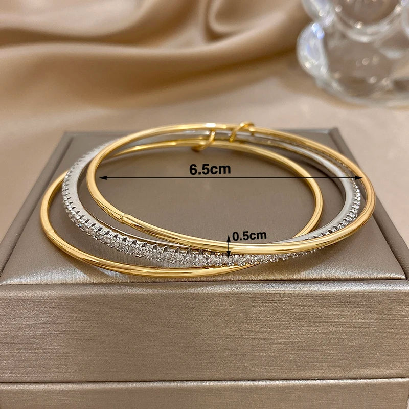 3-Pack Two Tone Rhinestone Silver Gold Bangle Bracelets for Women