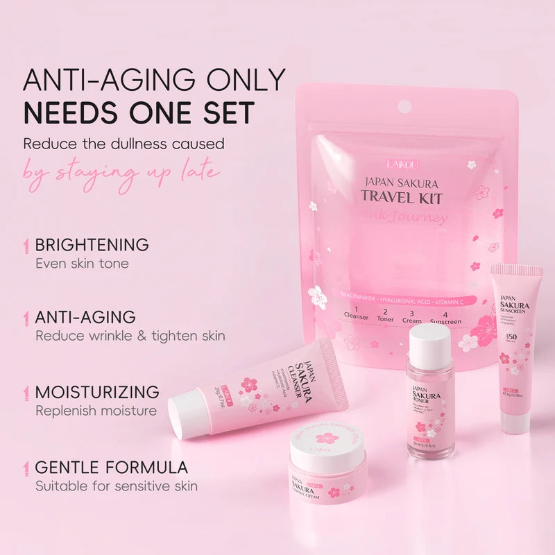 Sakura Skincare Set - Cleanser, Toner, Serum, Eye Cream, Sunscreen & Travel Kit