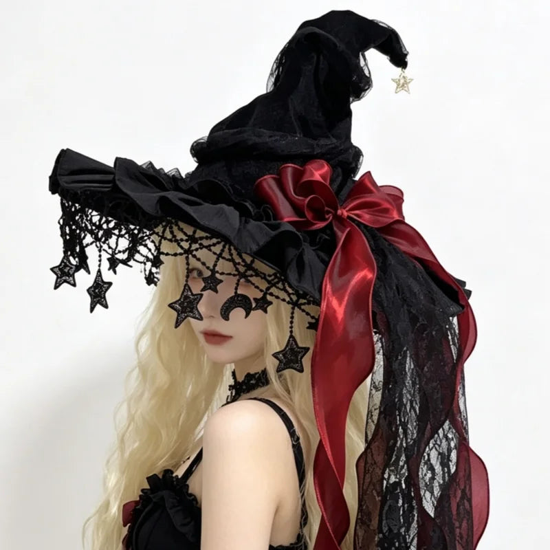 Velvet Lace Witch Hat with Moon Pendant - Halloween Costume Party Accessory