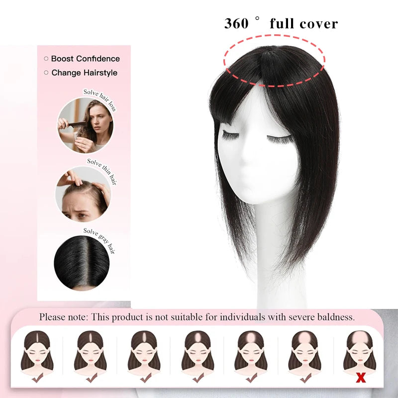 Remy Human Hair Toppers with Bangs for Women - Clip-In Hair Pieces, Black & Brown