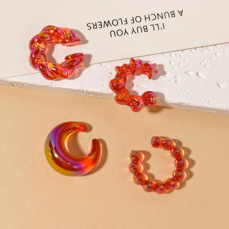 Iridescent Non Pierced Ear Cuff Set - Holographic Chunky Jewelry for Ear Clips
