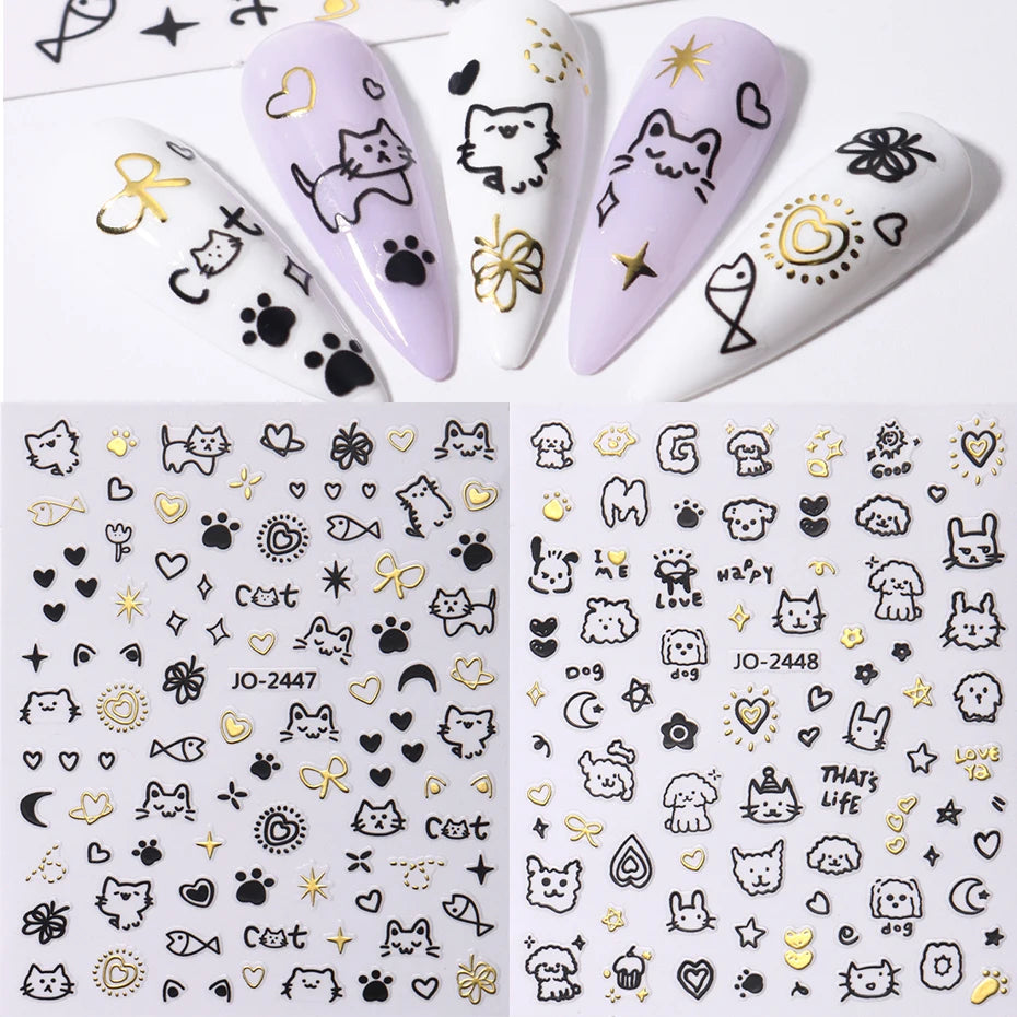 2Pcs Cartoon Cat Nail Stickers Holographic Love Heart Star Sliders for Manicure Decor