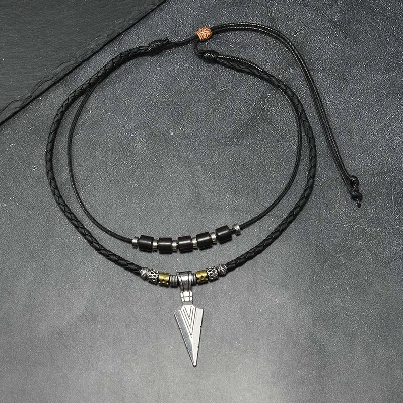 Men's Viking Arrowhead Necklace Ethnic Tribal Leather Pendant Boho Jewelry