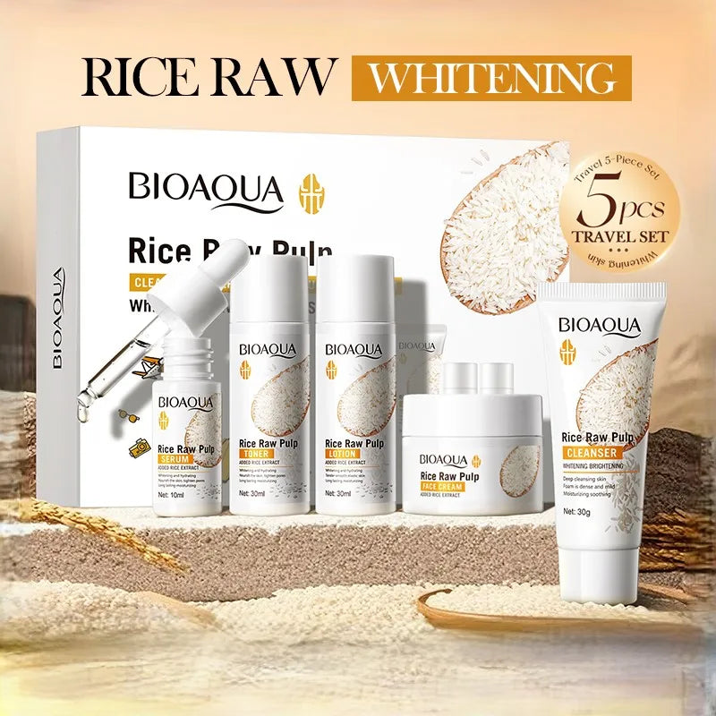 Whitening Brightening Hydrating Rice Puree Skin Care Set & Soap - Facial Cleanser, Toner, Essence, Lotion, Cream