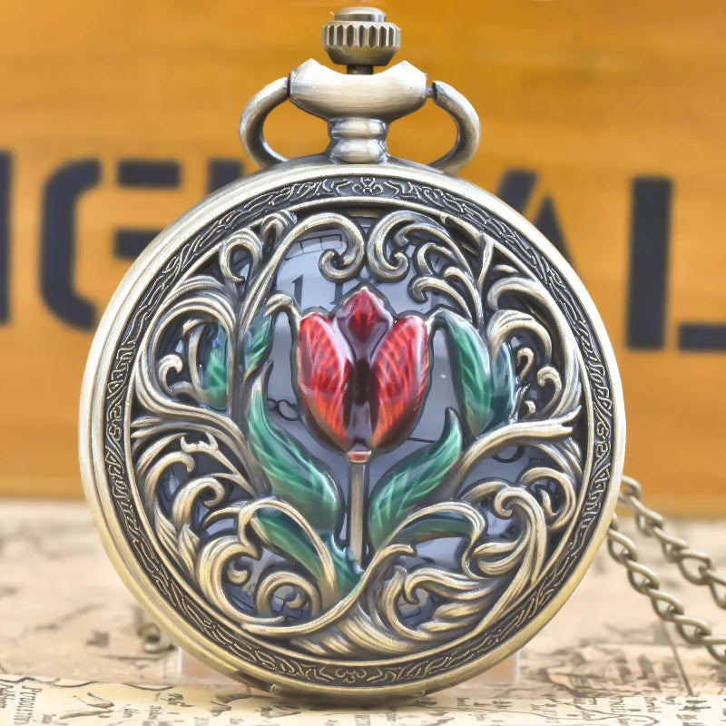 Retro Bronze Steampunk Floral Pocket Watch Necklace - Carving Flip-Top Gift