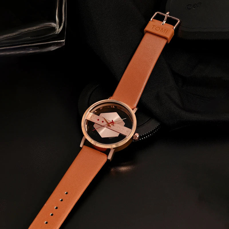Men's Leather Watch Strap with Hollow Design and Glass Bottom Cover - Quartz Movement