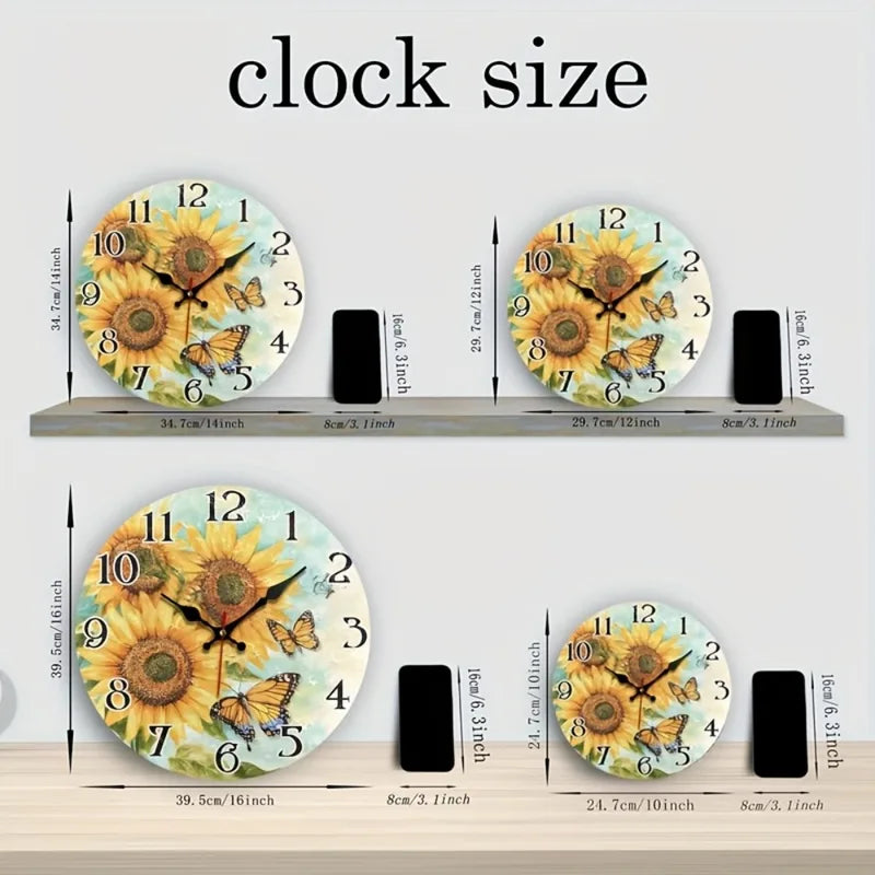 Silent 12-Inch Wall Clock with Sunflower & Butterfly Design - Battery Operated Home Decor
