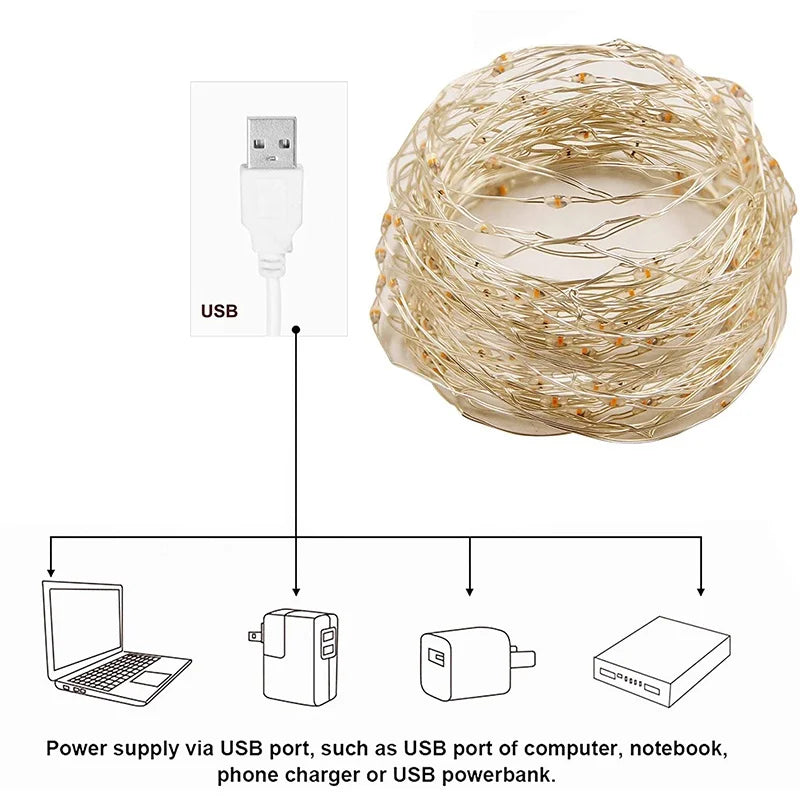 USB LED Fairy String Lights Copper Wire Decor for Holiday Wedding Party