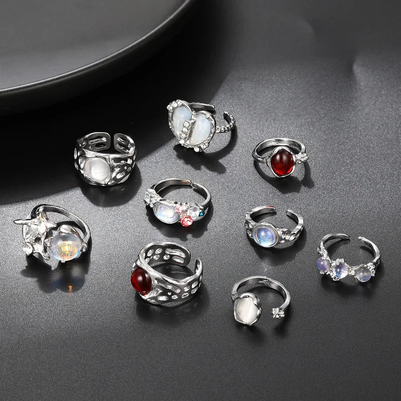 9pcs Y2K Crystal Heart Open Rings Set for Women Girls - Vintage Punk Jewelry