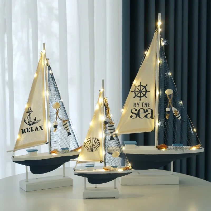 Retro Mediterranean Wooden LED Sailing Boat Model Desktop Decor Ocean Style Gift