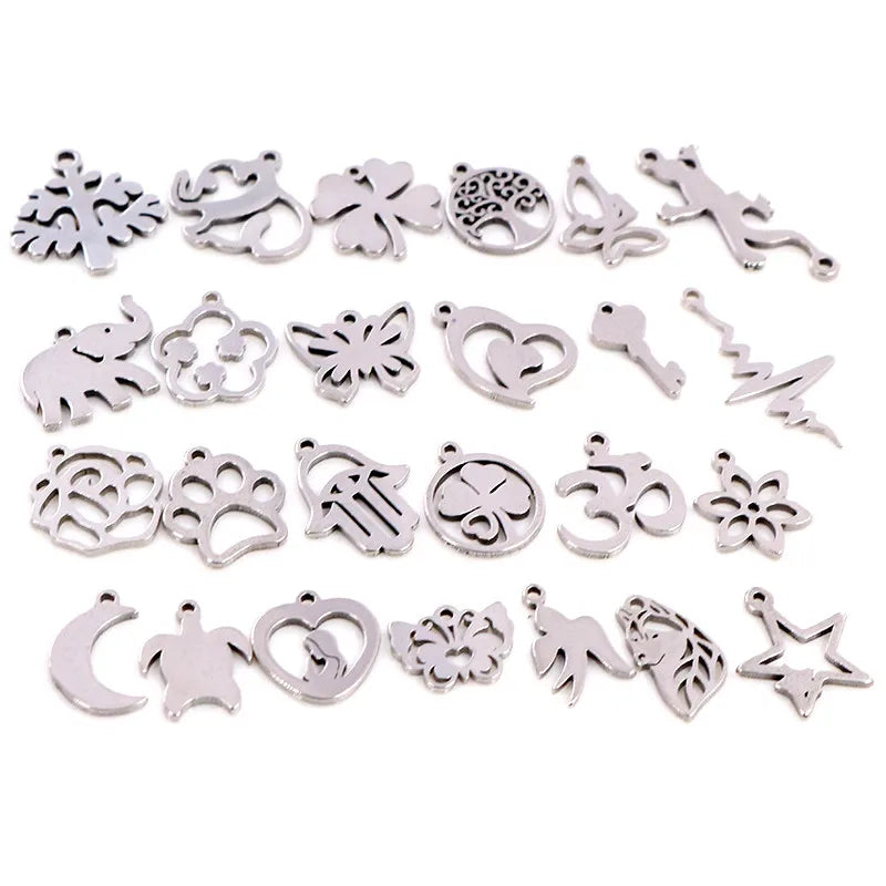 30pcs Stainless Steel Charms for Jewelry Making - Elephant Moon Star Heart Pendants