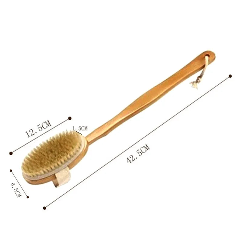 Natural Bath Brush with Long Wooden Handle for Exfoliating and Body Cleaning