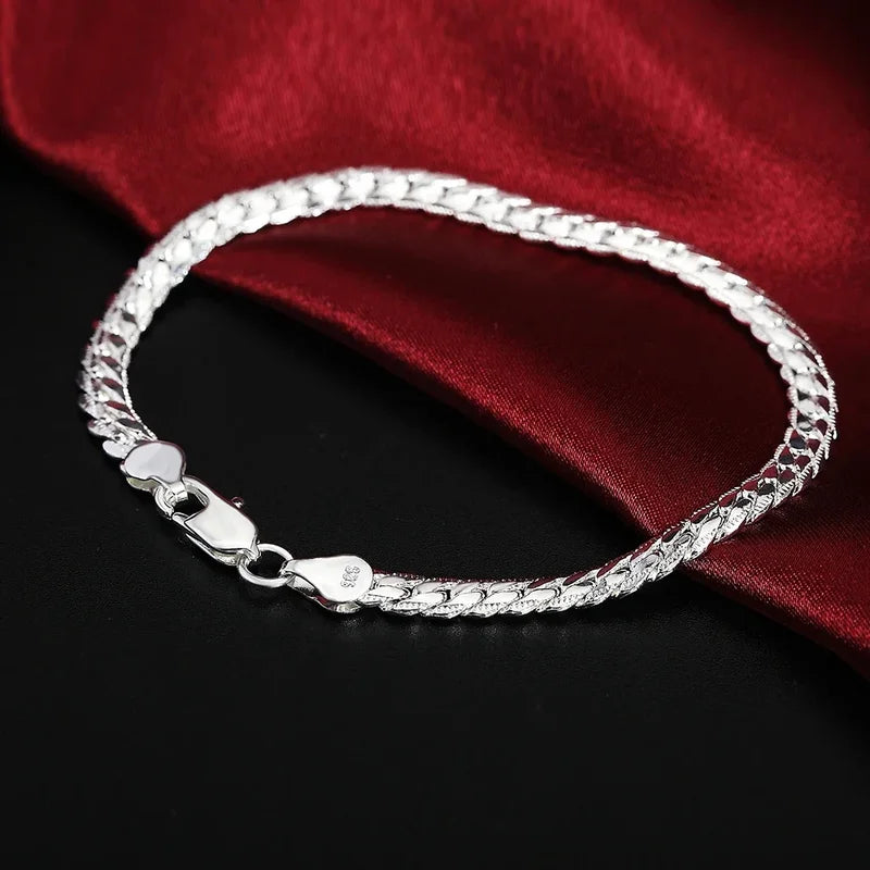 Sterling Silver Bracelet 6mm Flat Chain with Lobster Clasp for Men Women Jewelry