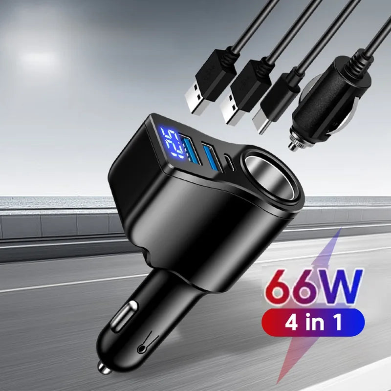 66W Car Cigarette Lighter Power Adapter with Dual USB & Type-C PD Charger