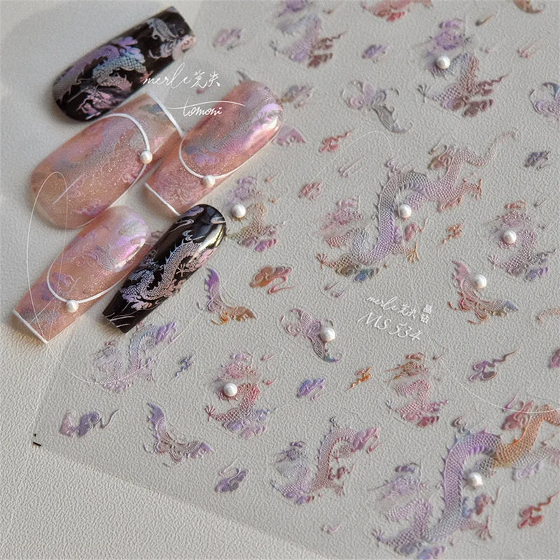 Colorful Bird Nail Art Stickers 5D Relief Butterfly Flower Dragon Decals