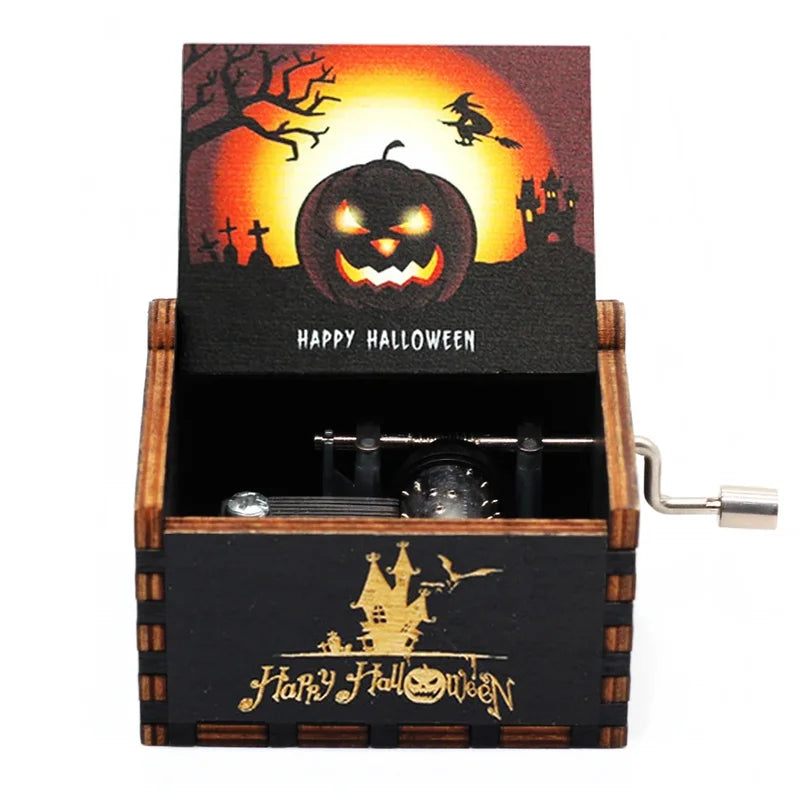Antique Carved Wooden Music Box Halloween Christmas Gift Hand Crank Decor
