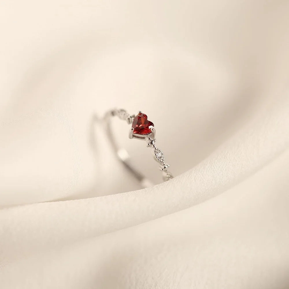 Luxury Red Heart Crystal Opening Rings for Women Wedding Jewelry Stainless Steel