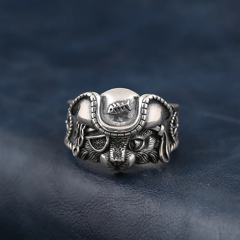 Unisex Retro Pirate Cat Ring - Silver Punk Gothic Adjustable Jewelry