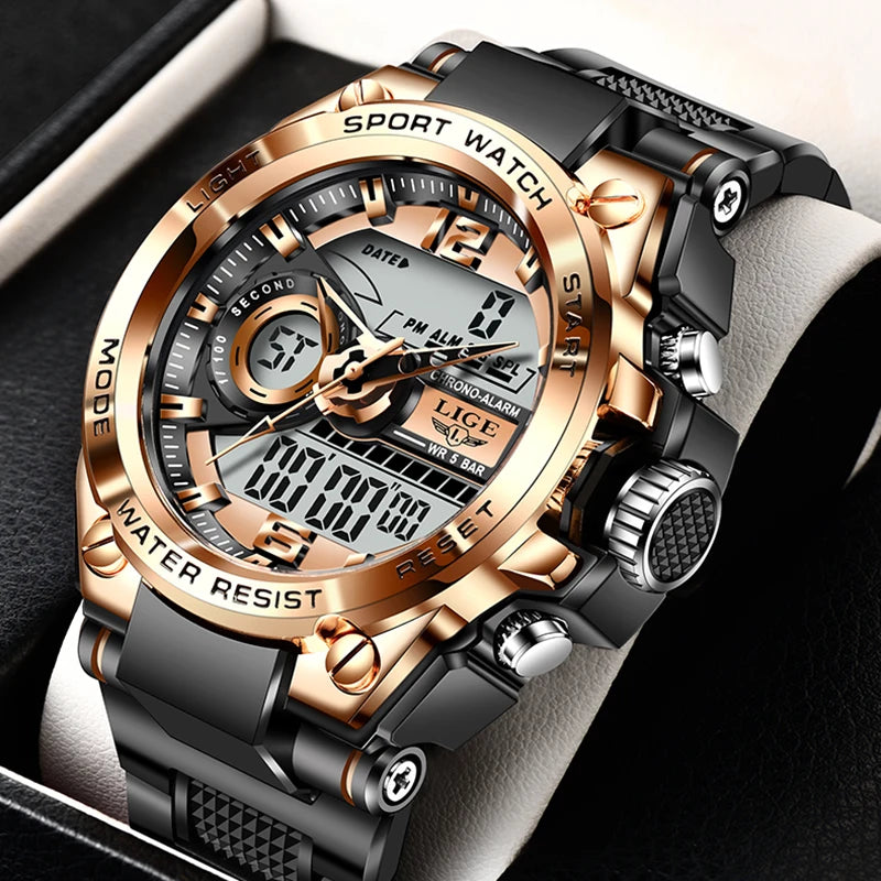 Men's Sport Watch 50M Waterproof Dual Display LED Chronograph Quartz Wristwatch Gift Set