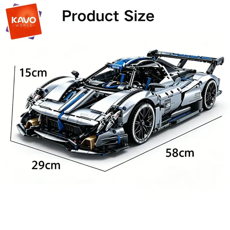 Super Sports Car Building Blocks Set 1:8 Scale DIY Race Car Model Kit - Silver Blue, Mechanical & Display
