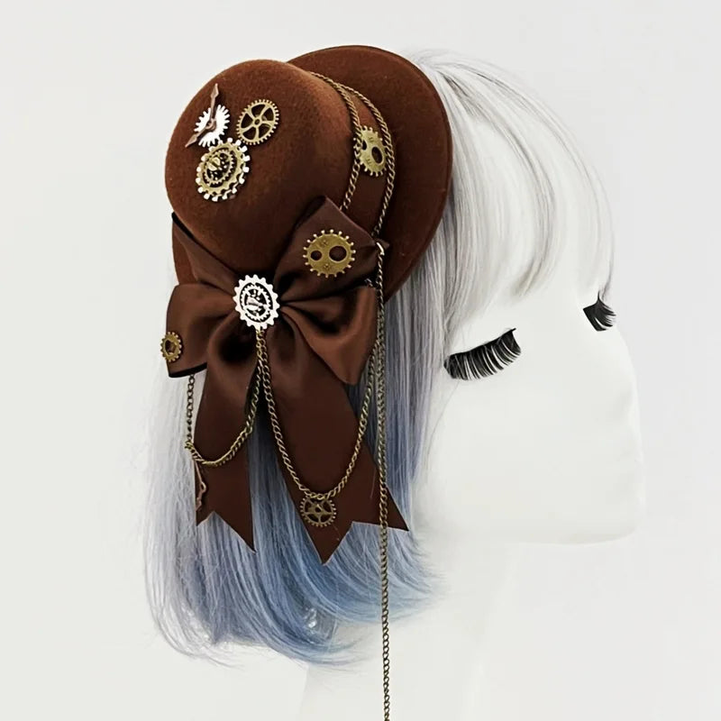 Gothic Mini Top Hat Hair Accessory with Gears Feather Flower for Cosplay & Costume