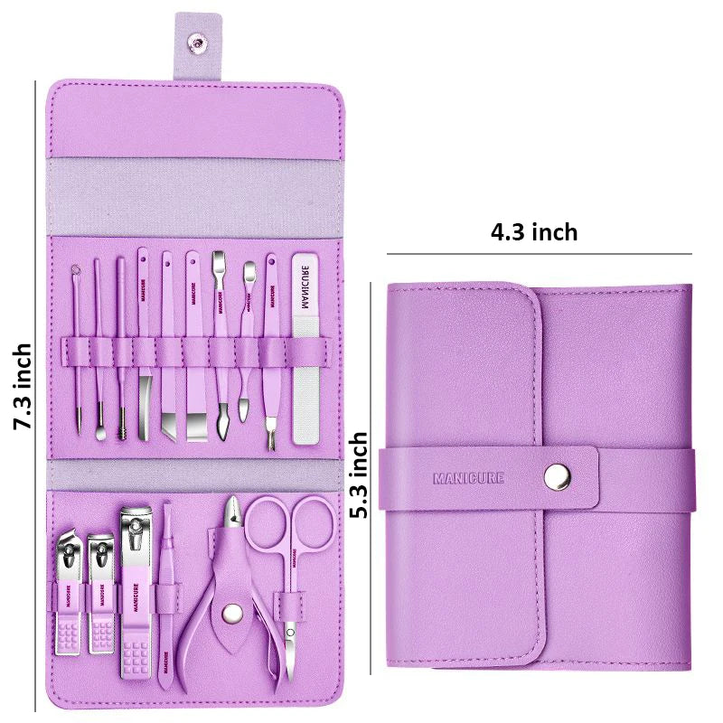 Stainless Steel Manicure & Pedicure Set 12/16 Pcs with Leather Portable Case - Gift Idea