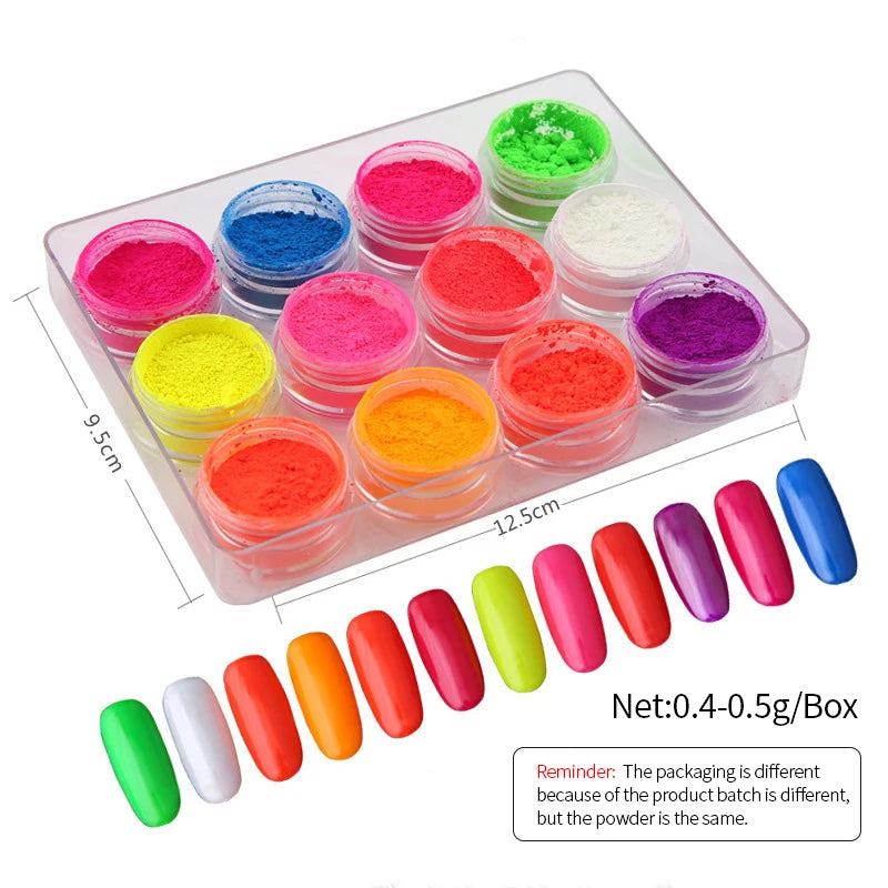 Neon Nail Art Powder Set 12 Pots Fluorescent Glitter for Manicure & Body