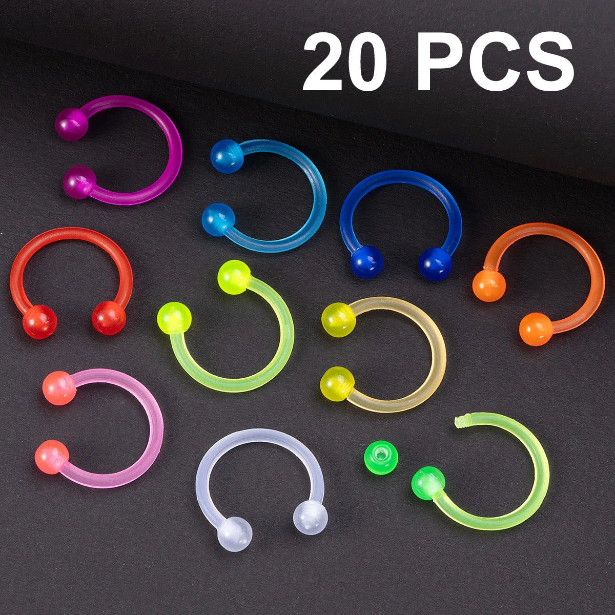 10-Piece Flexible Septum and Body Piercing Ring Set - Acrylic Horseshoe Jewelry