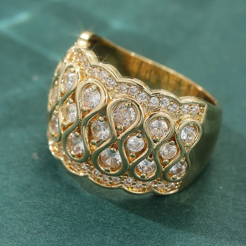 Golden Plated Zirconia Women’s Ring Elegant Fashion Jewelry Banquet Festival Accessory