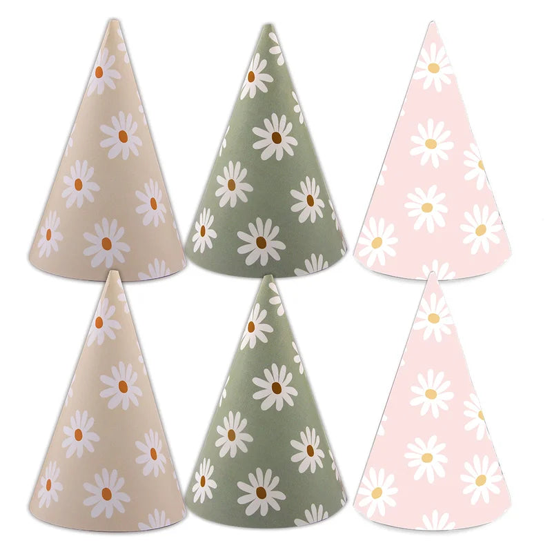 6-Pack Daisy Flower Paper Party Hats for Baby Shower & Birthday Decorations