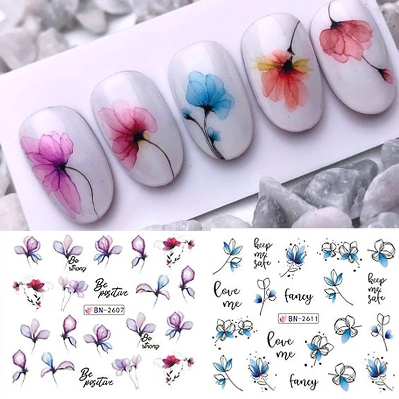 12-Piece Water Decal Nail Art Sticker Set with Flowers and Leaves