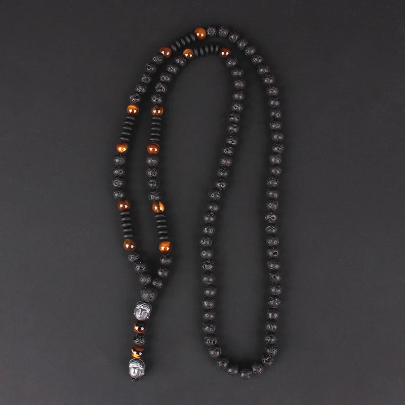 Lava Stone Tiger Eye Beaded Necklace with Buddha Head Pendant - Unisex Jewelry