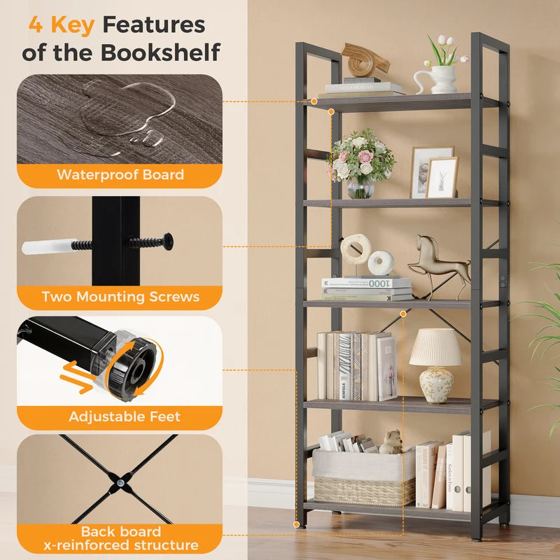 Wooden 5-Tier Standing Bookcase with Adjustable Feet - Space-Saving Shelving