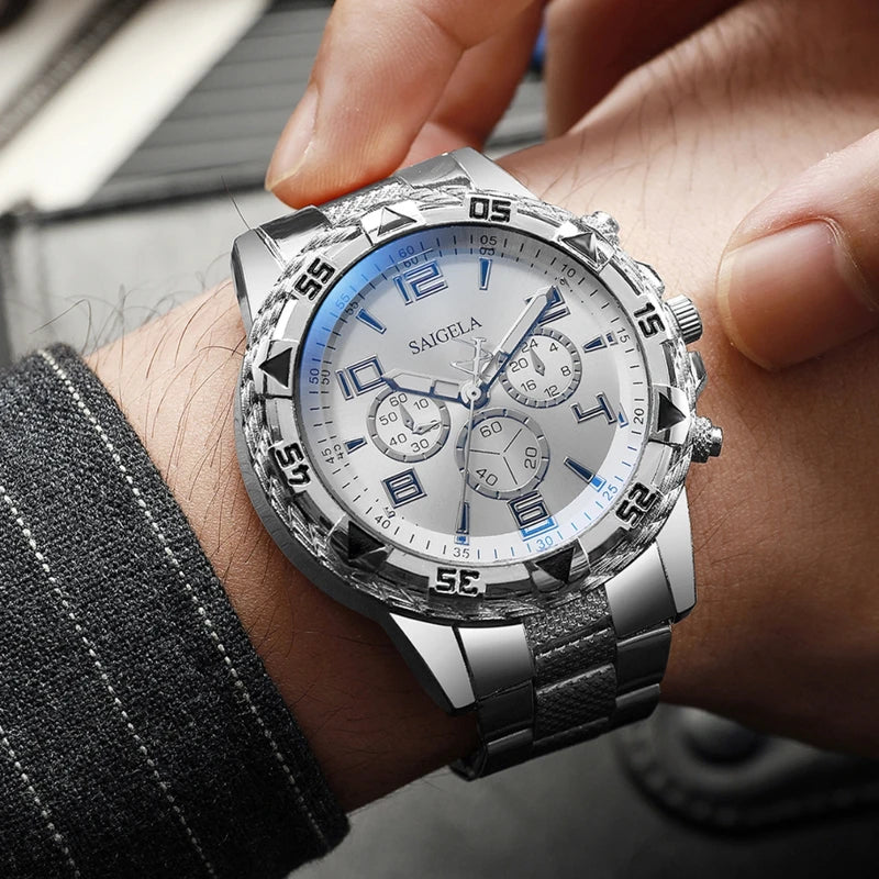 Men's Fashion Quartz Watch Set 4pcs Steel Band Arabic Dial Waterproof