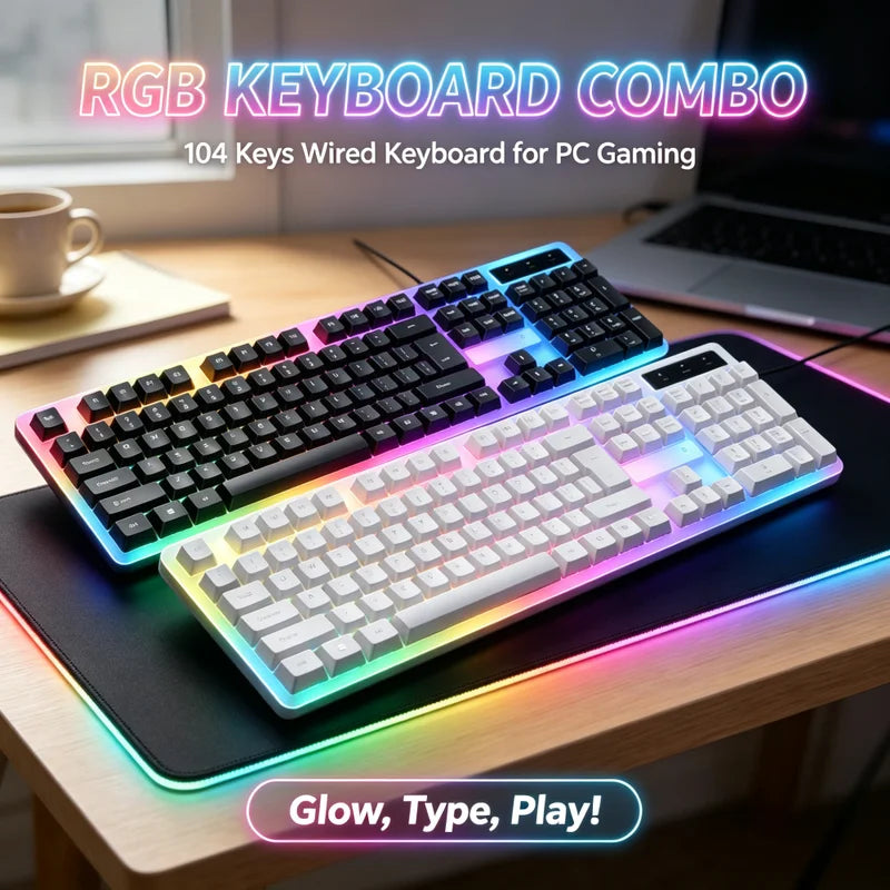 RGB Backlit Mechanical Feel Keyboard with LED Lighting for PC Gaming & Office