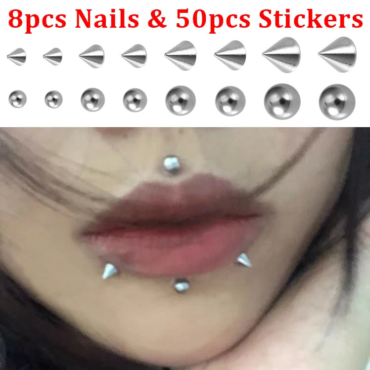 8pcs Fake Lip Nails & 50pcs Body Jewelry Stickers Non Piercing Earrings