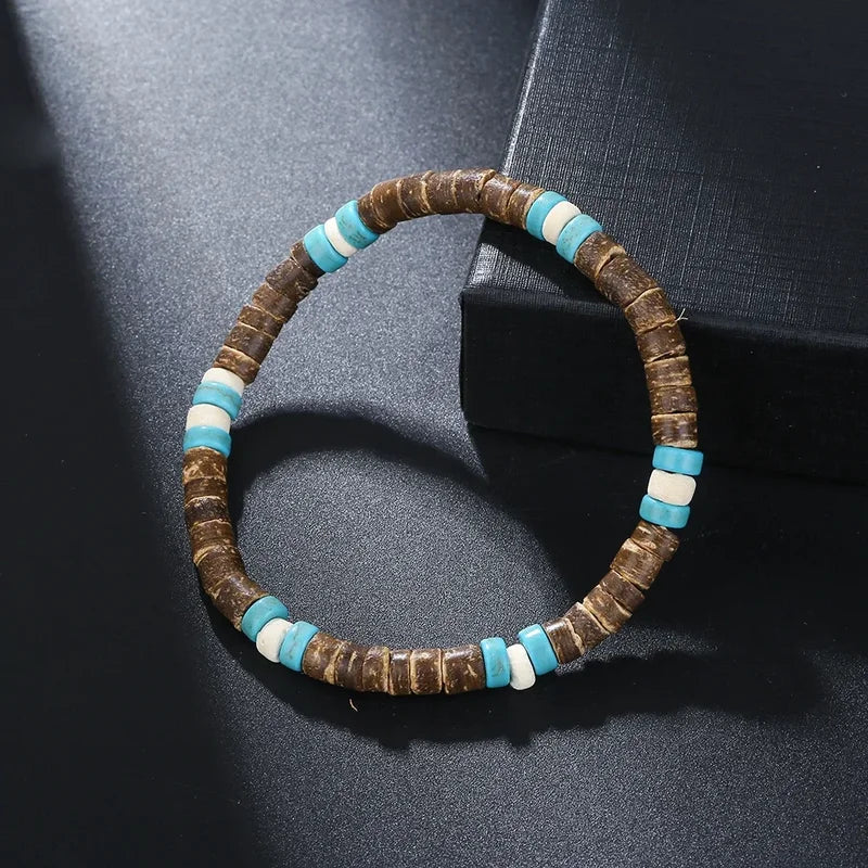 Beaded Wooden Bracelets for Men and Women - Handmade Turquoise & Natural Wood Stretch Jewelry