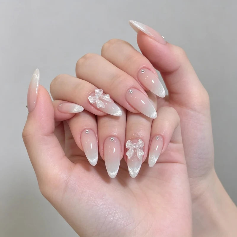 24Pcs French Press Nail Art Set with Diamond-Pointed Bow Knots for Women & Girls - Almond Shape