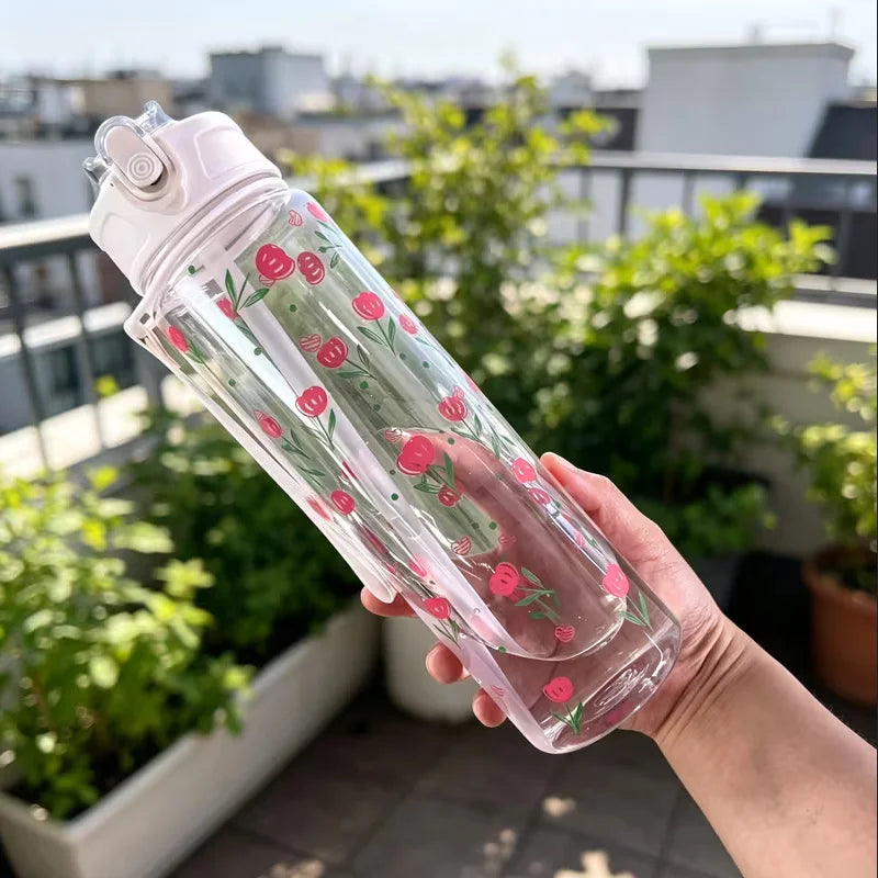750ML Cute Strawberry Floral Cherry Bow Tumbler with Handle & Leak-Proof Lid