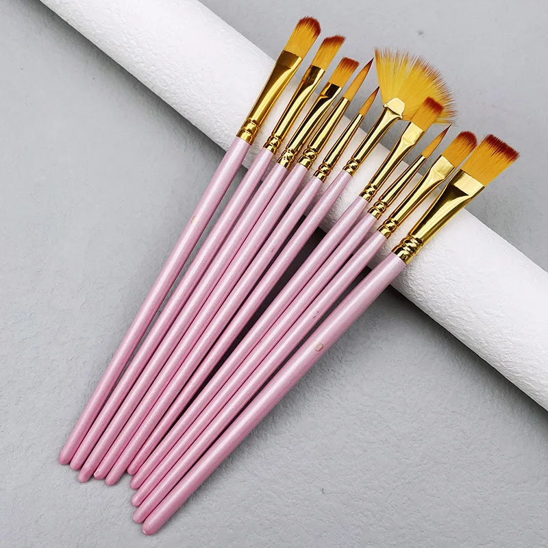 10pcs Watercolor Paint Brush Set with Wooden Handles for Art, Oil & Acrylic Painting