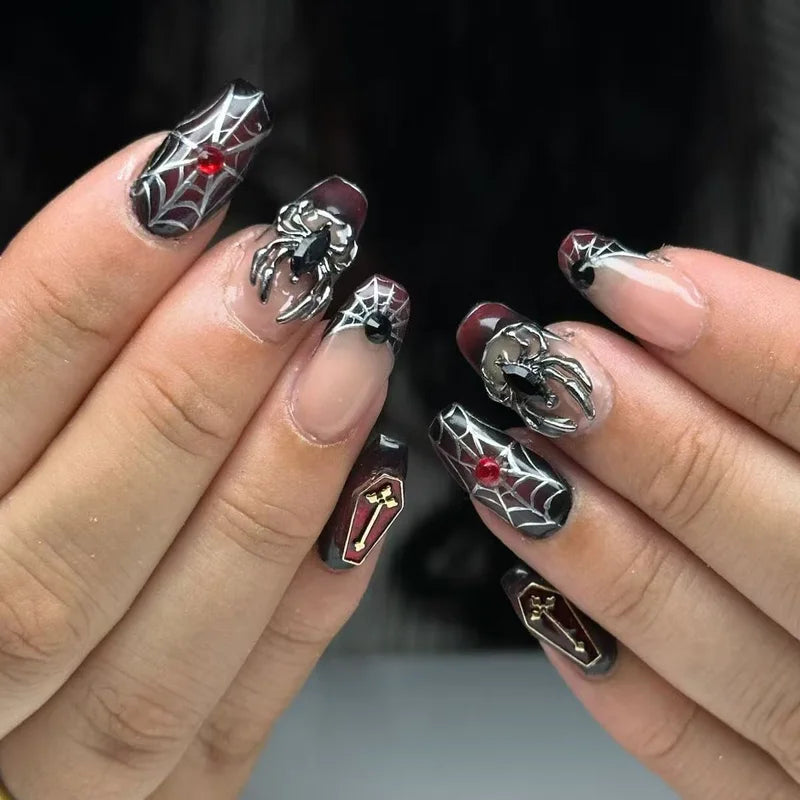 24-Pack Gothic Punk Fake Nail Tips - Spider Design, Press-On Almond Nails