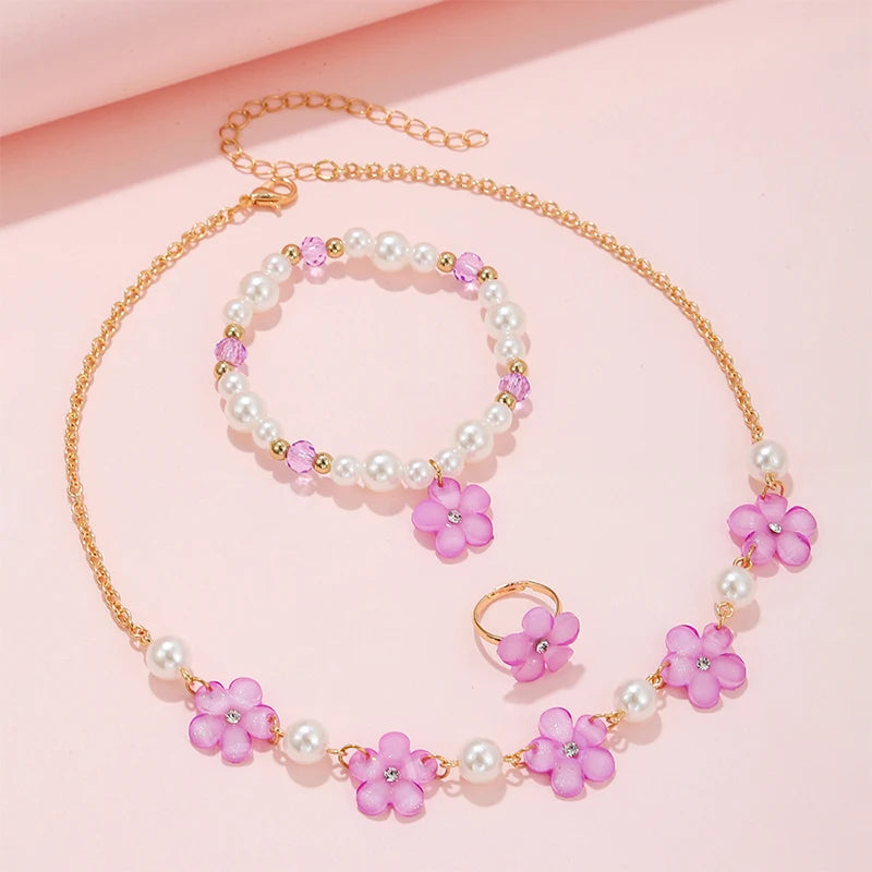 Kids Jewelry Set 3Pcs Flower Charm Necklace Bracelet Ring for Girls and Daughters