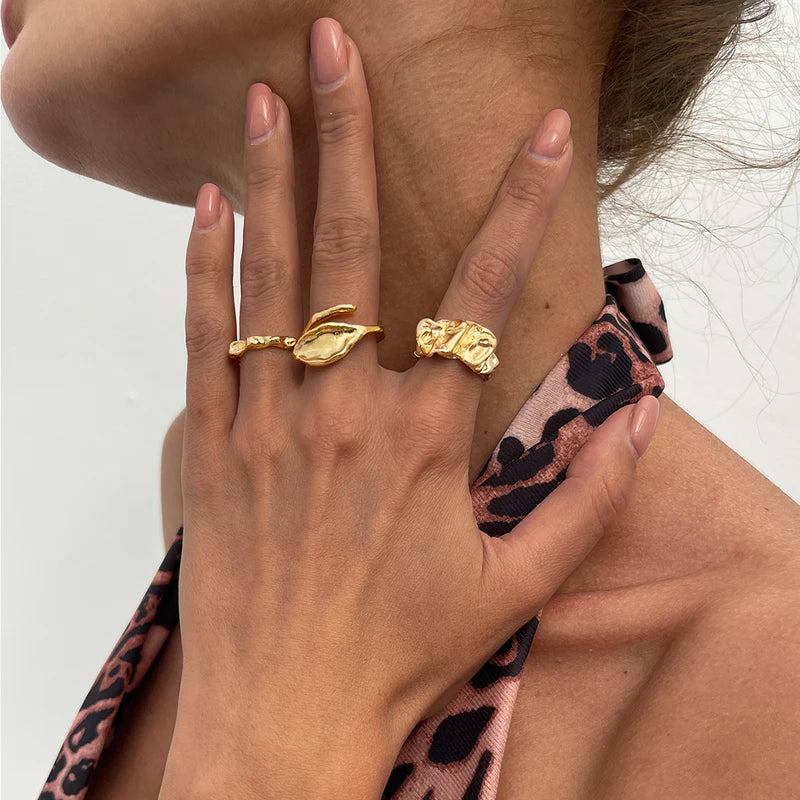Geometric Open Ring Set Women 3pcs Adjustable Gold Finger Jewelry