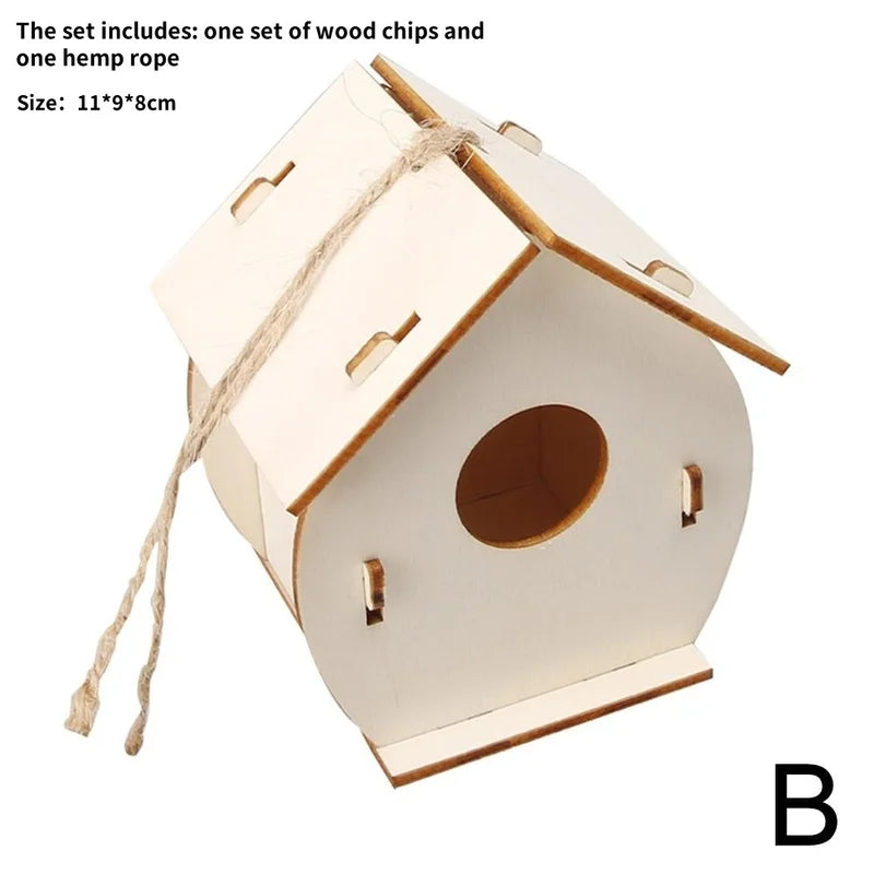 Wooden DIY Bird House Outdoor Hanging Bird Nest Box with Hemp Rope for Painting & Decoration