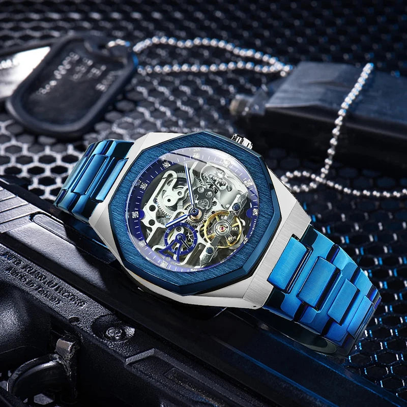 Men's Automatic Mechanical Watch with Luminous Hands and Stainless Steel Strap