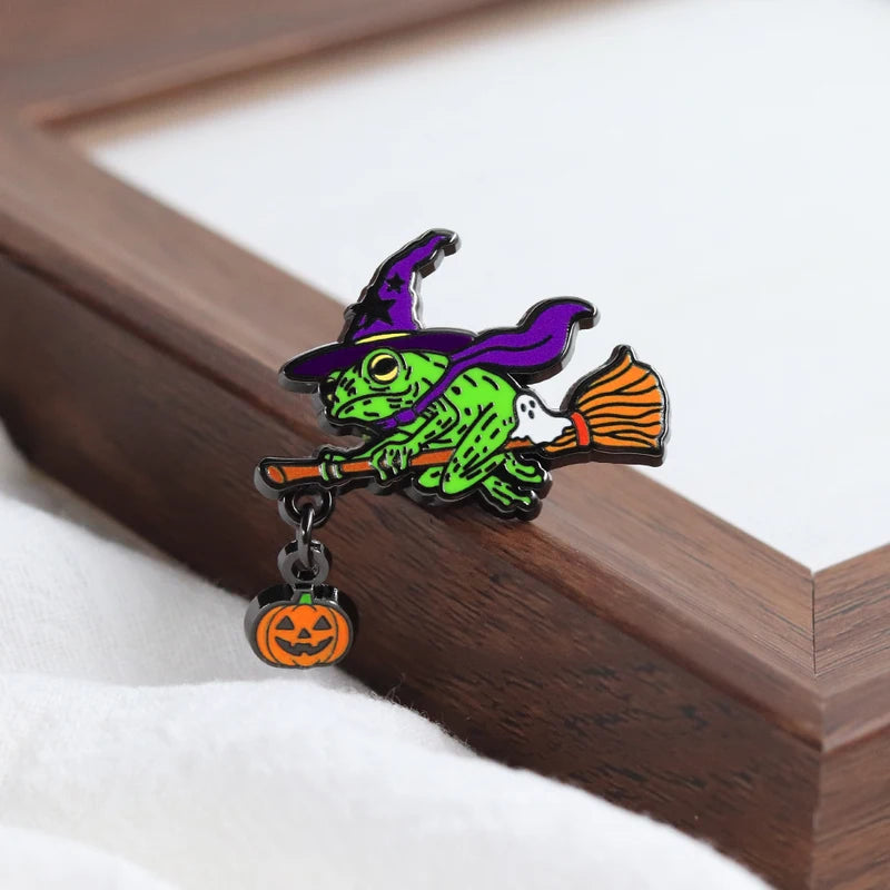 Halloween Frog Witch Enamel Brooch - Broom Pumpkin Ghost Badge for Backpack Hat
