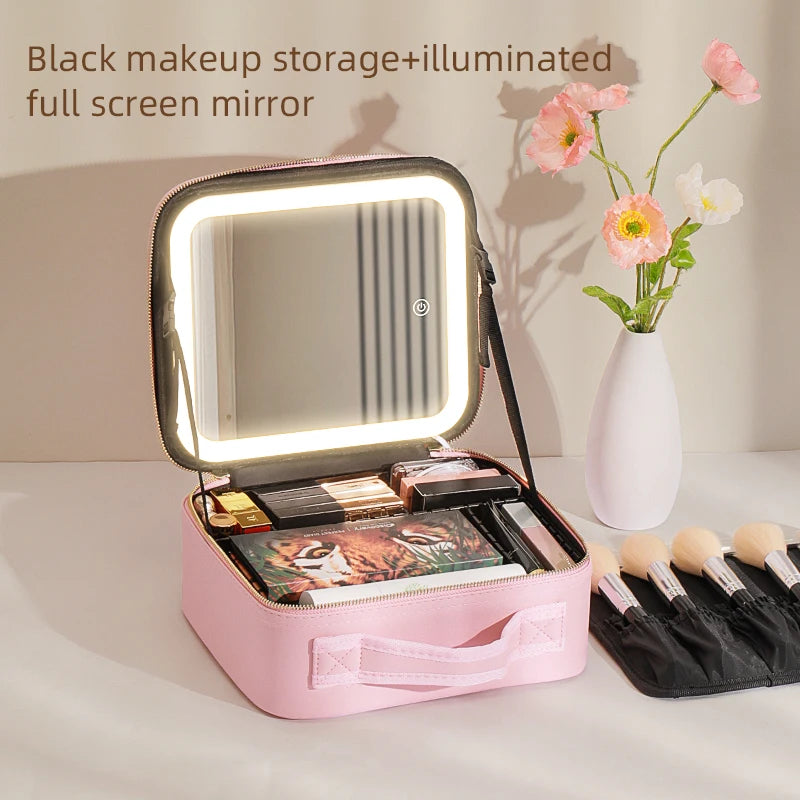 Travel Makeup Train Case with LED Lighted Mirror, Adjustable Dividers & 3 Light Settings