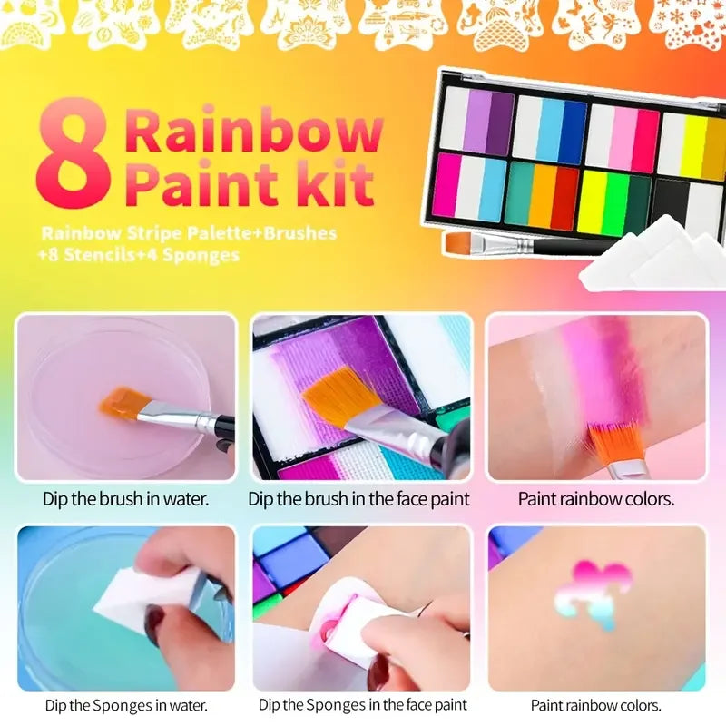 Rainbow Face & Body Paint Set with Brushes - Water-Based, Non-Toxic for Kids & Adults